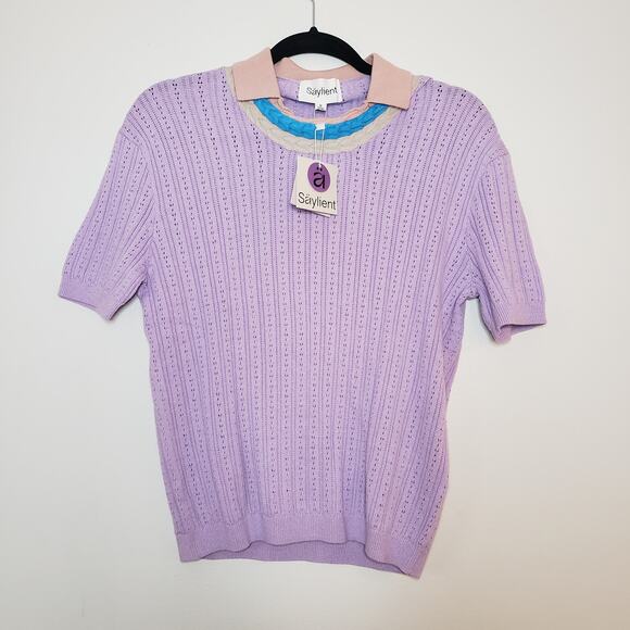 Saylient Organic Cotton Short Sleeve Sweater Rainbow Neckline Small - Picture 3 of 6